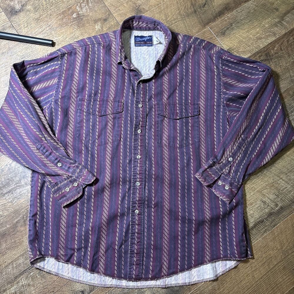 Vintage 90s Wrangler USA Menโs 17 - 35 Purple Striped Button Brushpopper Shirt